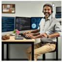 Person sitting at a desk with computers